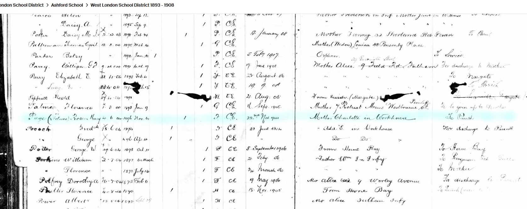 Ashford School in out register Page B