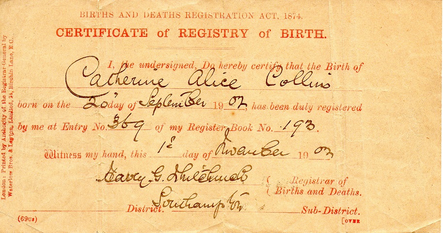 Birth Certificate Catherine Alice Collins 20 Sep 1902
