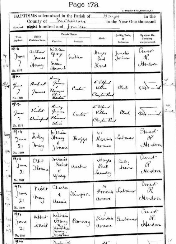 Baptism Albert David Pomeroy 21 June 1914