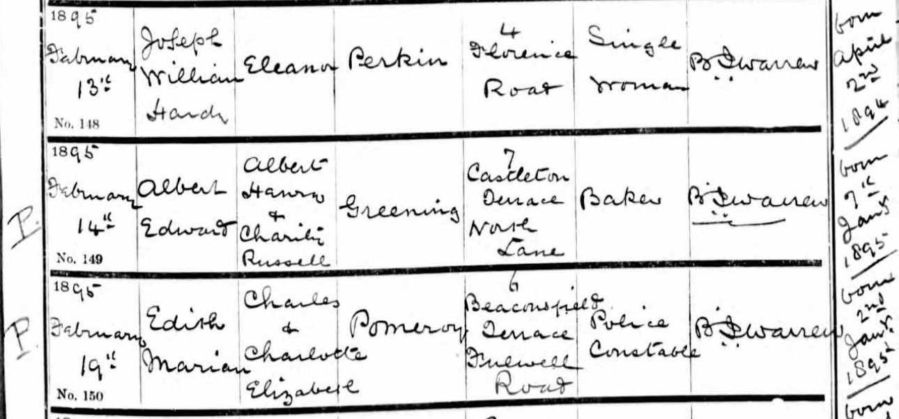 Baptism Edith Marian Pomeroy 19 Feb 1895