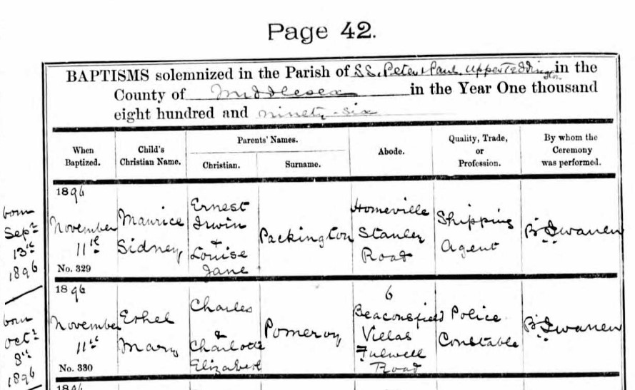 Baptism Ethel Mary Pomeroy 11 Nov 1896