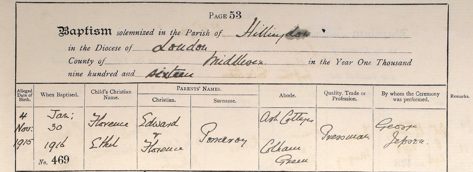 Baptism Florence Ethel Pomeroy 30 Jan 1916