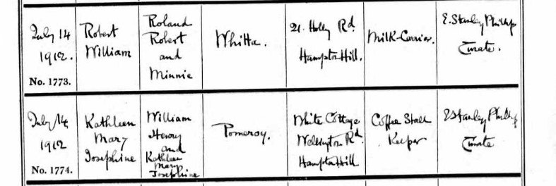 Baptism Kathleen Mary Josephine Pomeroy 14 July 1912