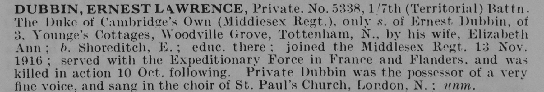 Dubbin E L Pte 5338 7th Middlesex Regiment