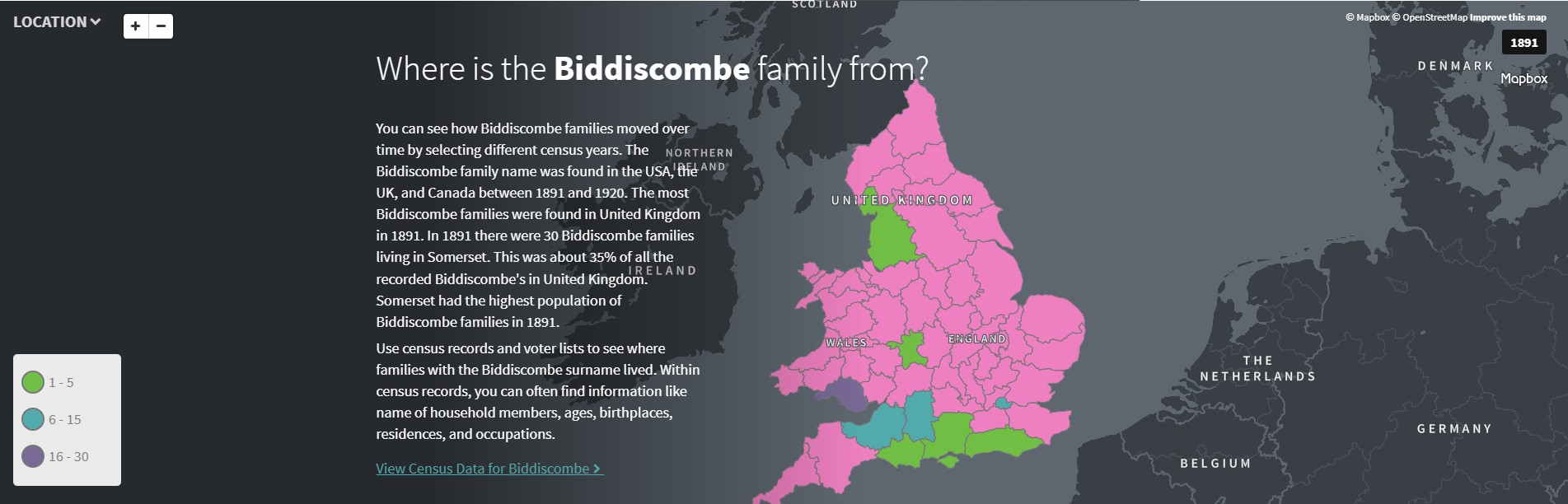 Ancestry Biddiscombe UK EW distribution