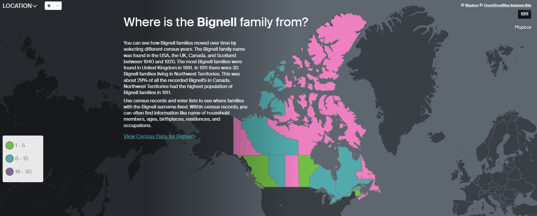 Ancestry Bignell Canada distribution