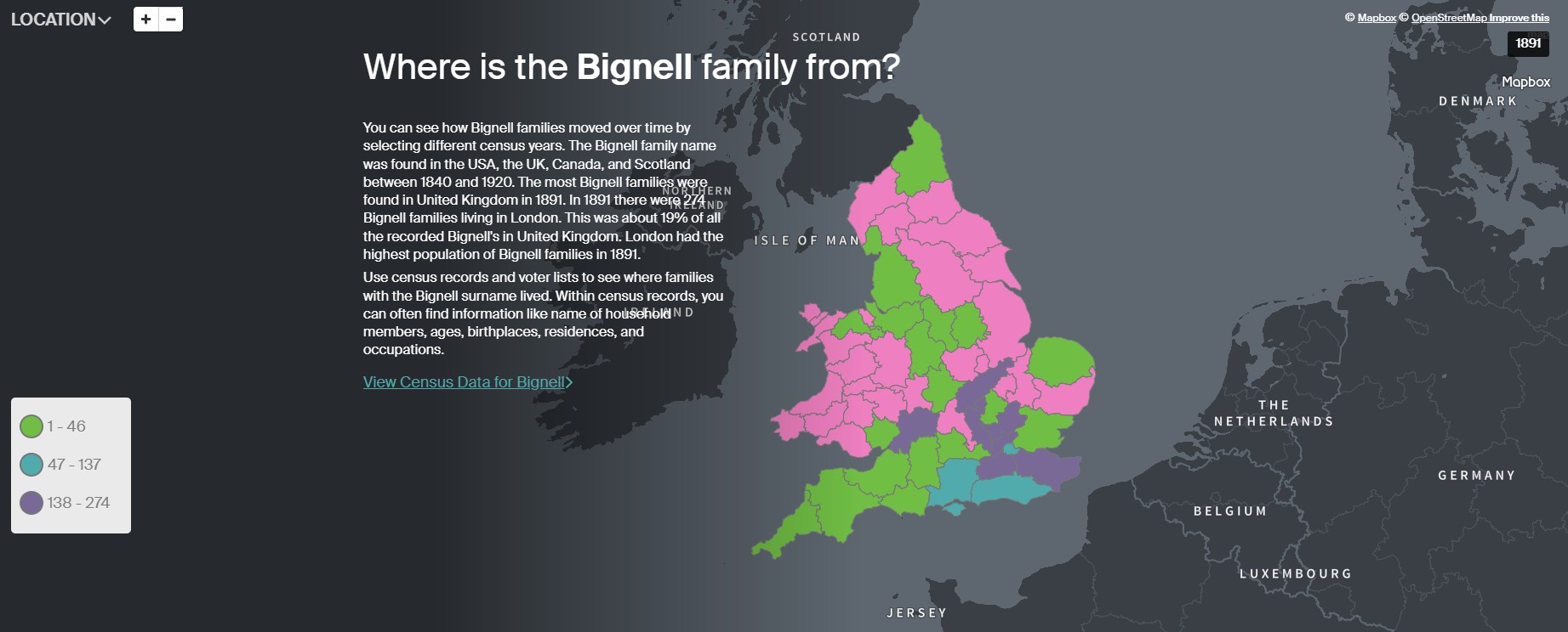 Ancestry Bignell UK EW distribution