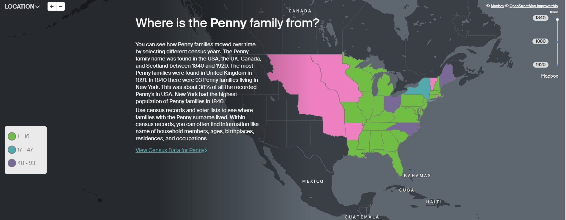 Ancestry Penny USA 1840 distribution