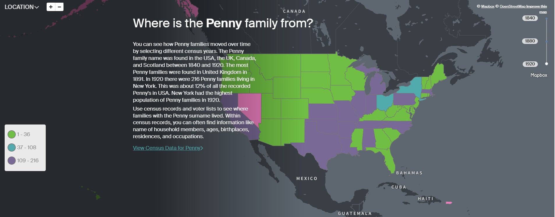 Ancestry Penny USA 1920 distribution