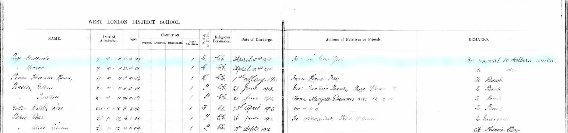 Ashford School in out register Page H