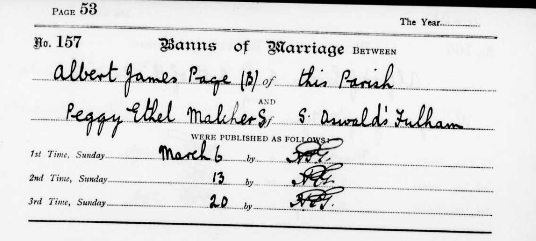 Banns Albert James Page and Peggy Ethel Melcher 1938