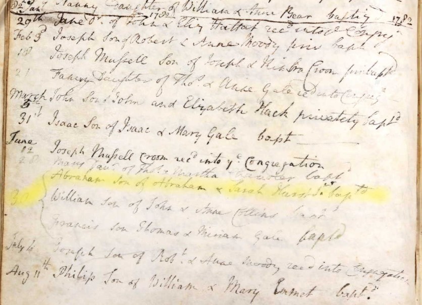 Baptised Abraham Hurst 30 June 1782