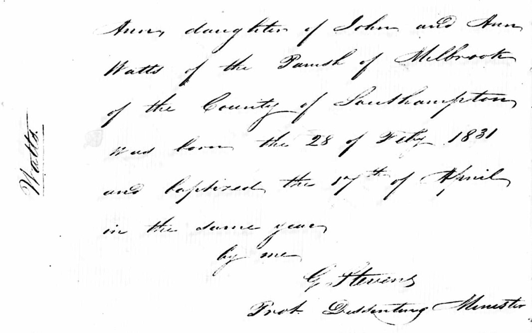 Baptised Ann Watts 17 Apr 1831