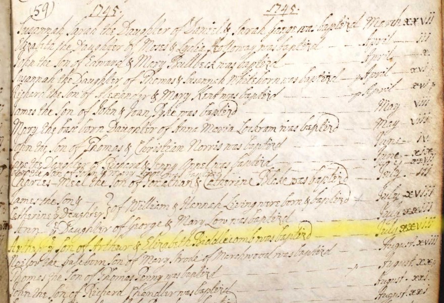Baptised Arthur Biddlecomb 28 July 1745 Eling