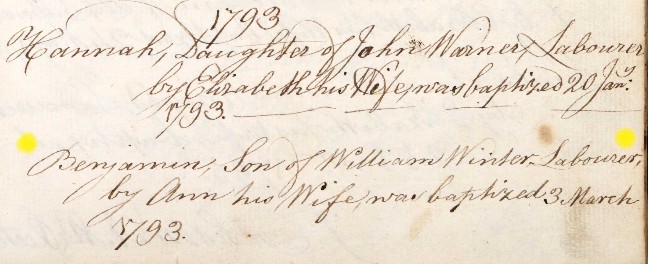 Baptised Benjamin Winter Priors Dean 3 Mar 1793