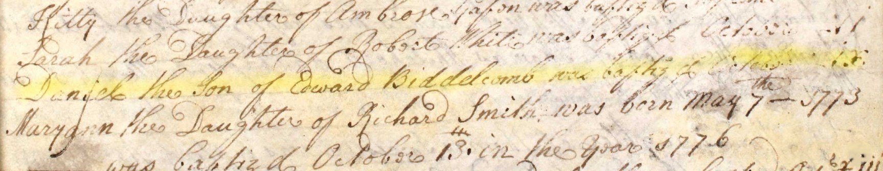 Baptised Daniel Biddelcomb 9 Oct 1776