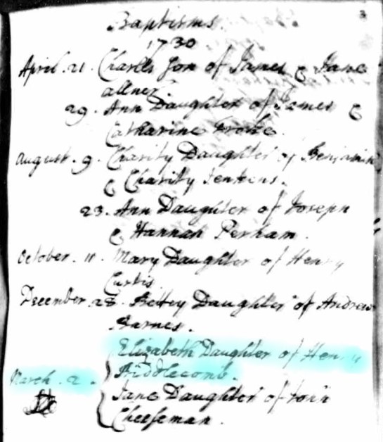 Baptised Elizabeth Biddlecomb 2 Mar 1730 A