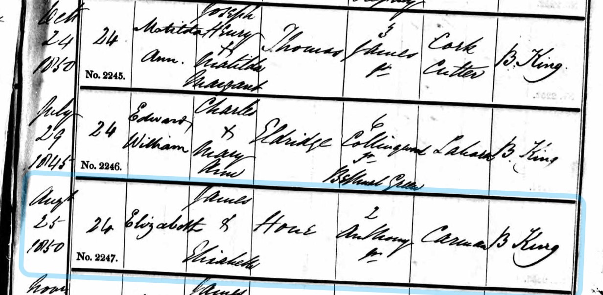 Baptised Elizabeth Hone 24 Nov 1850