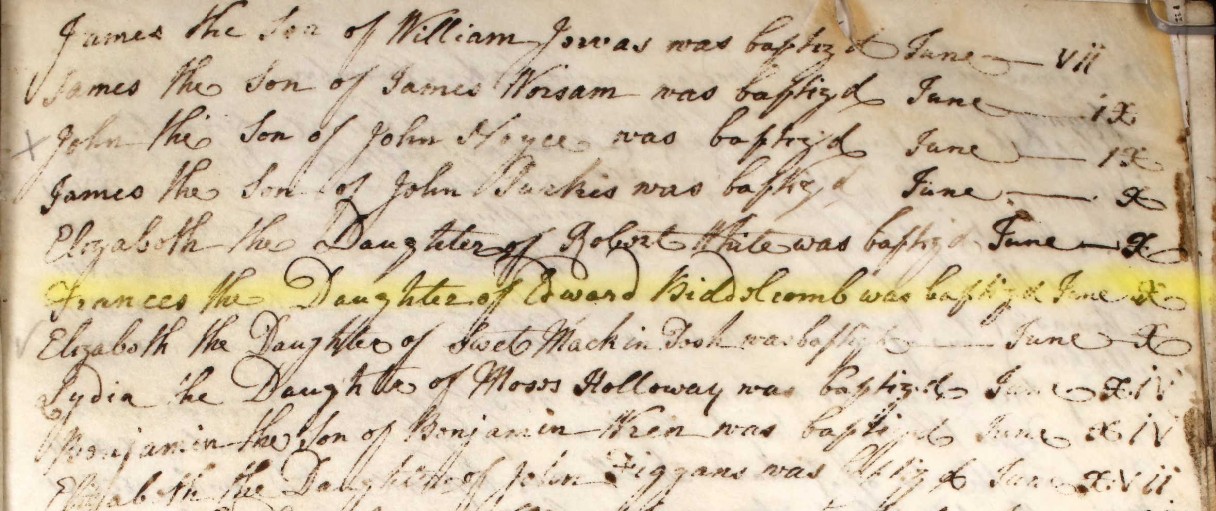 Baptised Frances Biddlecomb 10 June 1778 Eling