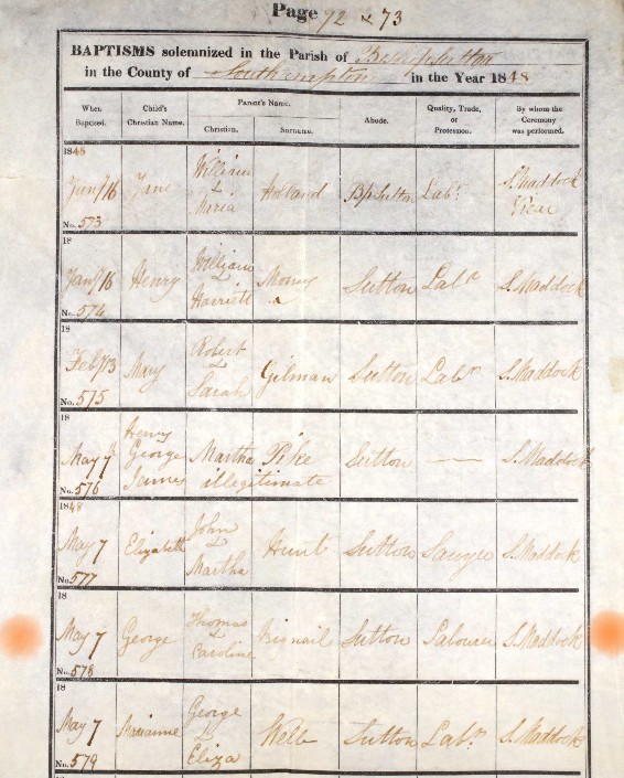 Baptised George Bignall Bishops Sutton 7 May 1848 B