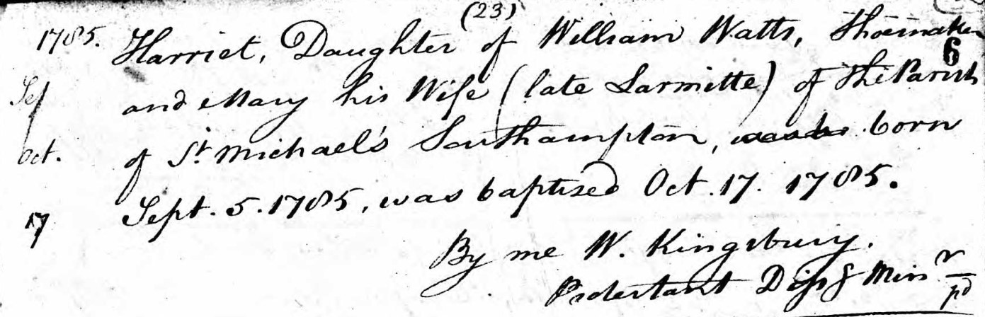 Baptised Harriet Watts 17 Oct 1785
