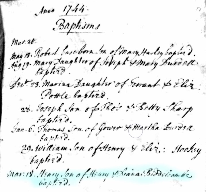 Baptised Henry Biddlecombe 18 March 1744 A