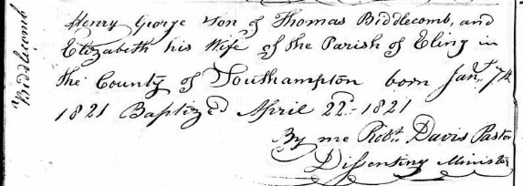 Baptised Henry George Biddlecomb 22 Apr 1821