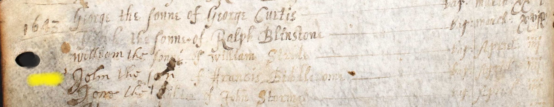 Baptised John Biddelcom 04 Apr 1645 Eling