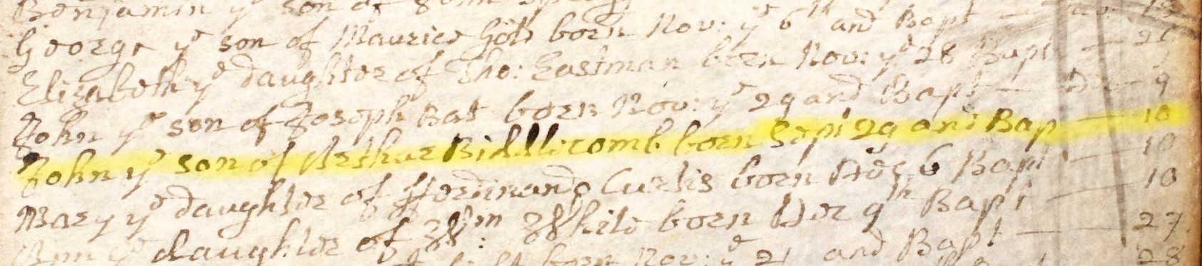 Baptised John Biddlecomb 10 Dec 1697 Eling