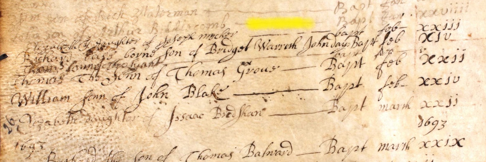 Baptised John Biddlecomb 29 Jan 1692