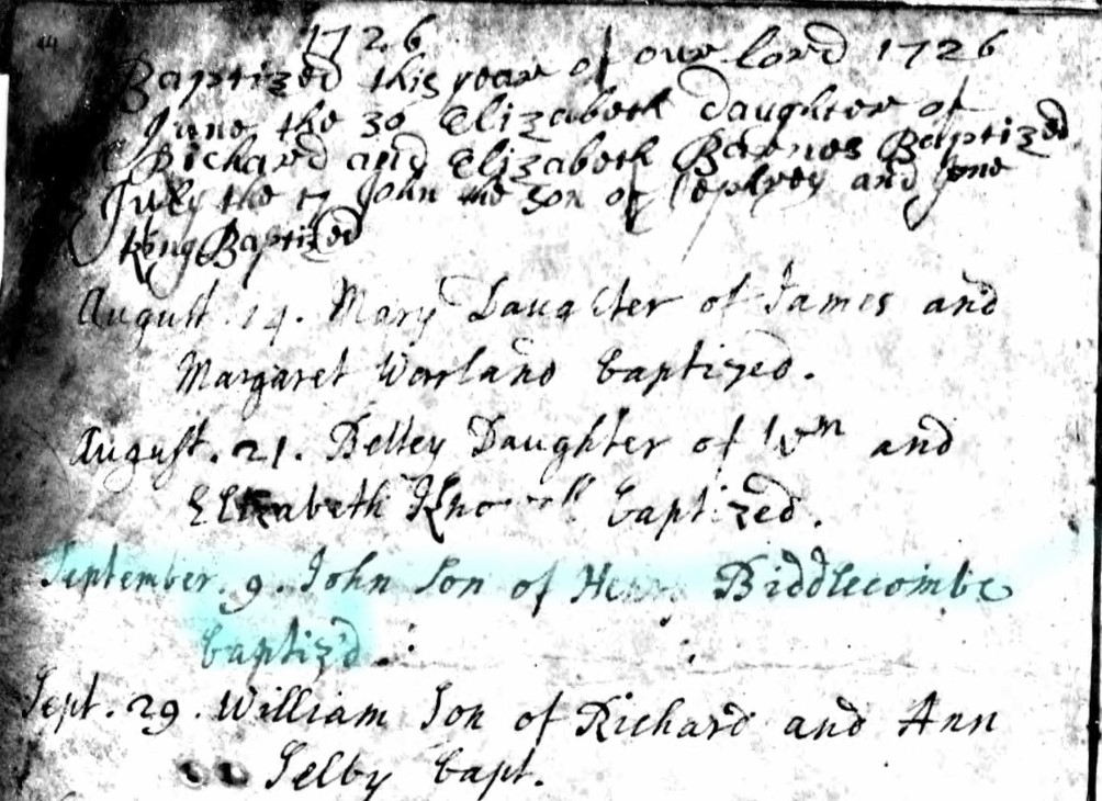 Baptised John Biddlecombe 9 Sept 1726 A