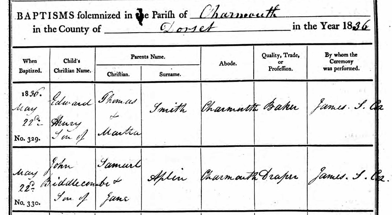 Baptised John Biddlecombe Aplin 22 May 1836