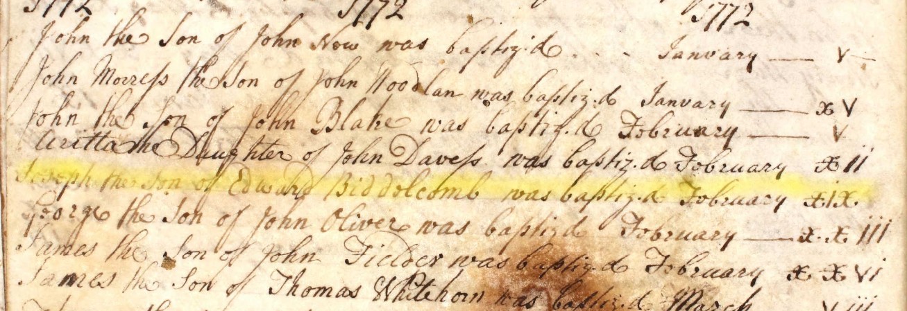 Baptised Joseph Biddelcomb 19 Feb 1772 Eling