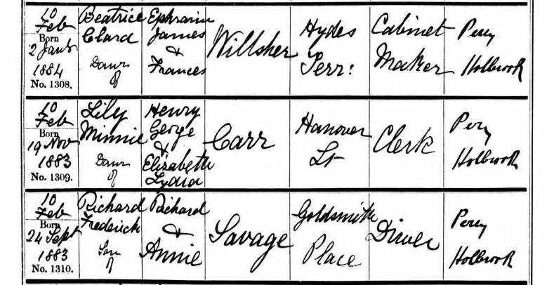 Baptised Lily Minne Car 10 Feb 1884