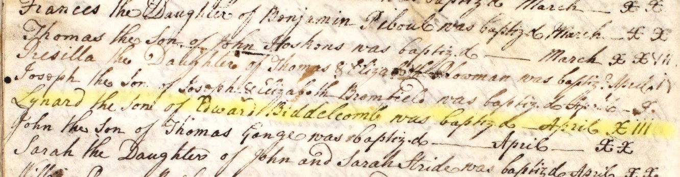 Baptised Lynard Biddelcomb 13 April 1774 Eling