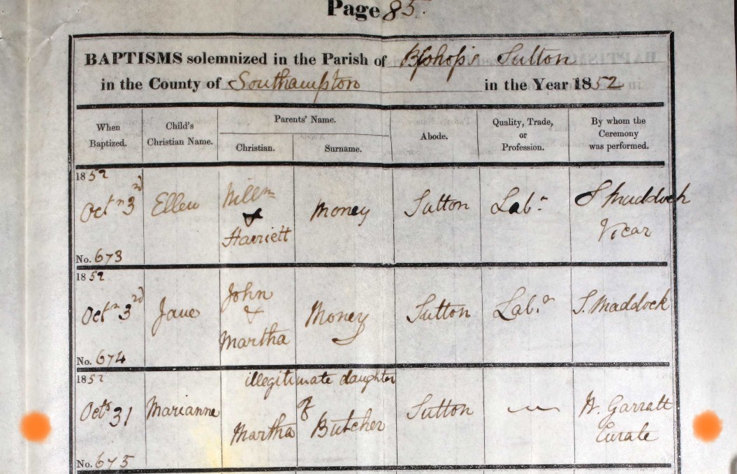Baptised Marianna Butcher Bishops Sutton 31 Oct 1852