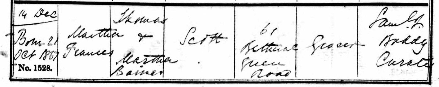 Baptised Martha Frances Scott 14 Dec 1851
