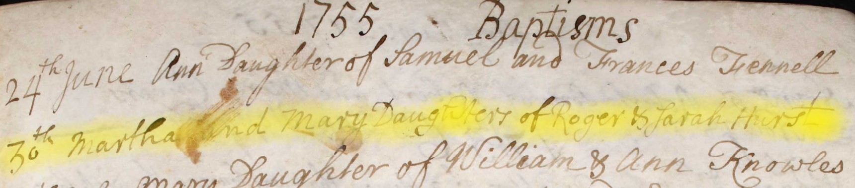 Baptised Martha and Mary Hurst 30 June 1755