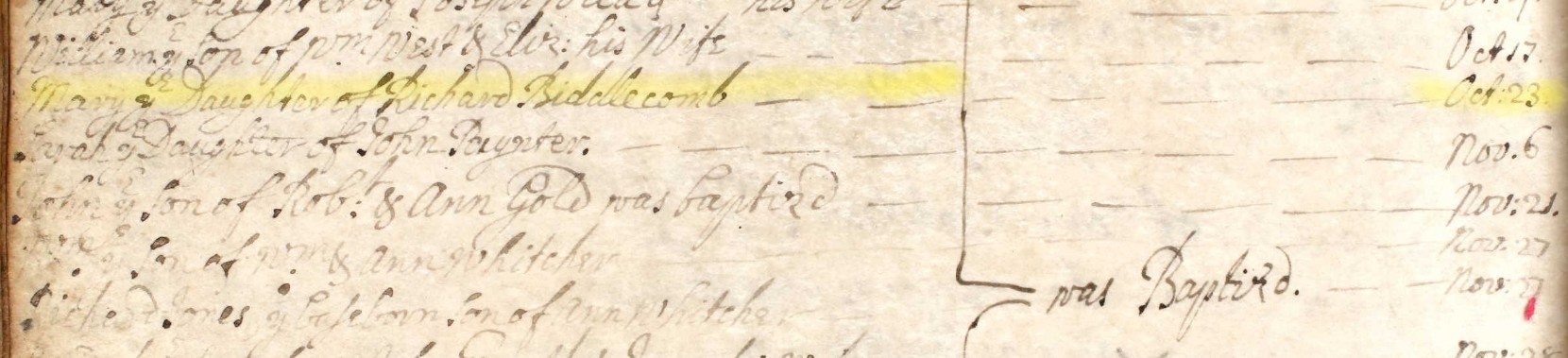 Baptised Mary Biddlecomb 23 Oct 1723 Eling