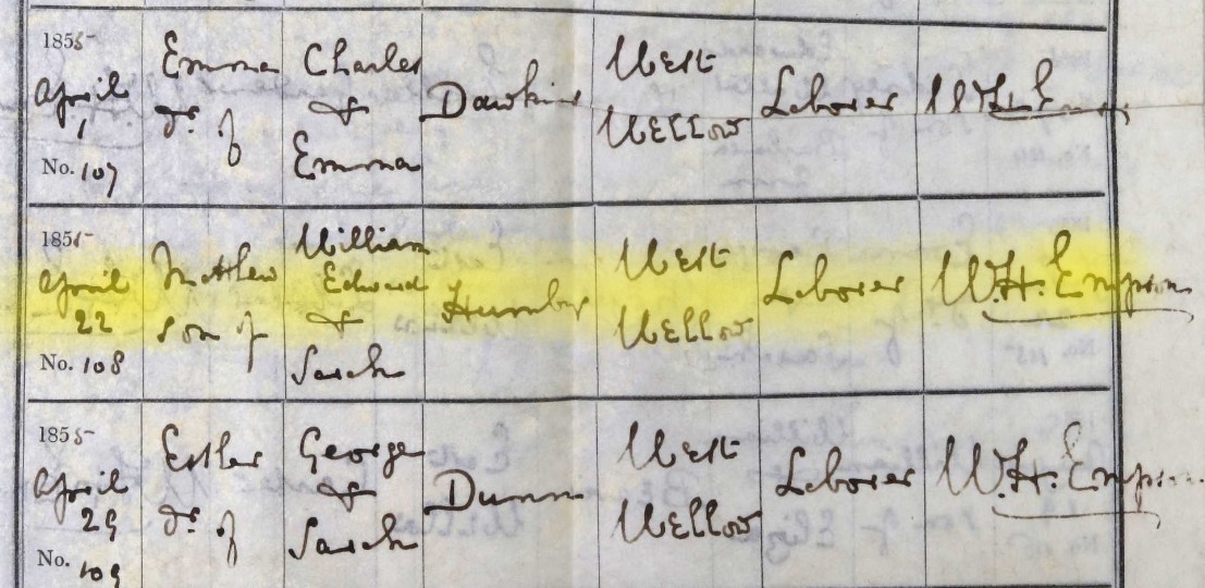 Baptised Matthew Humby 22 April 1855 West Wellow