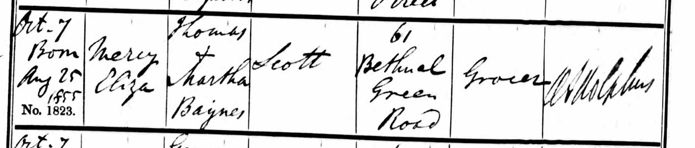 Baptised Mercy Eliza Scott 7 Oct 1855