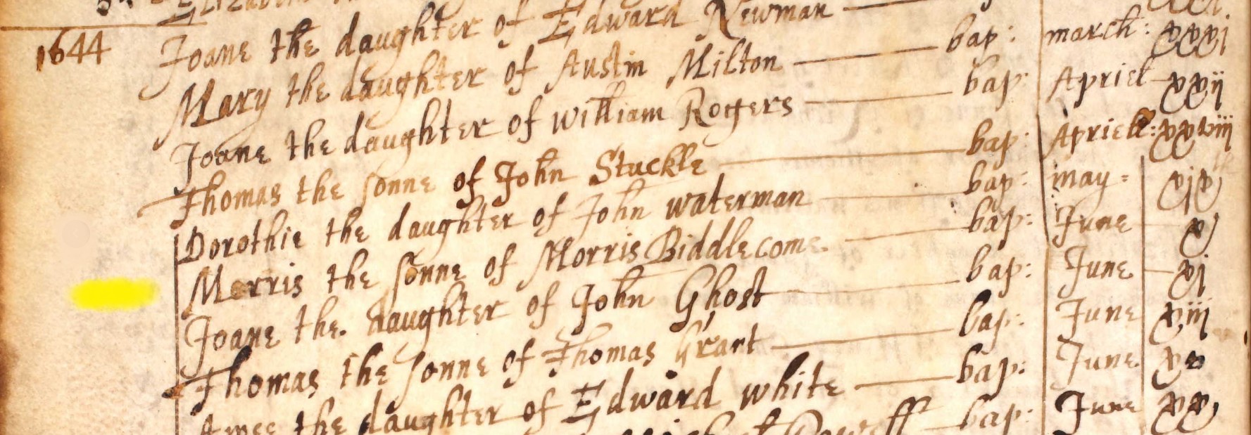Baptised Morris Biddlecom 10 Jun 1644 Eling