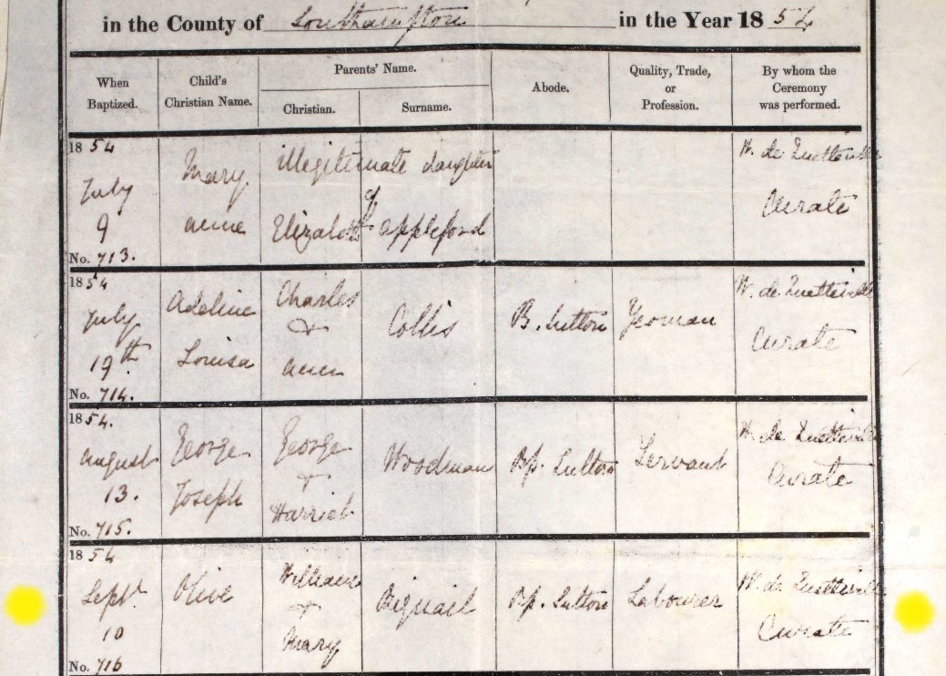 Baptised Olive Bignell Bishops Sutton 23 Nov 1854