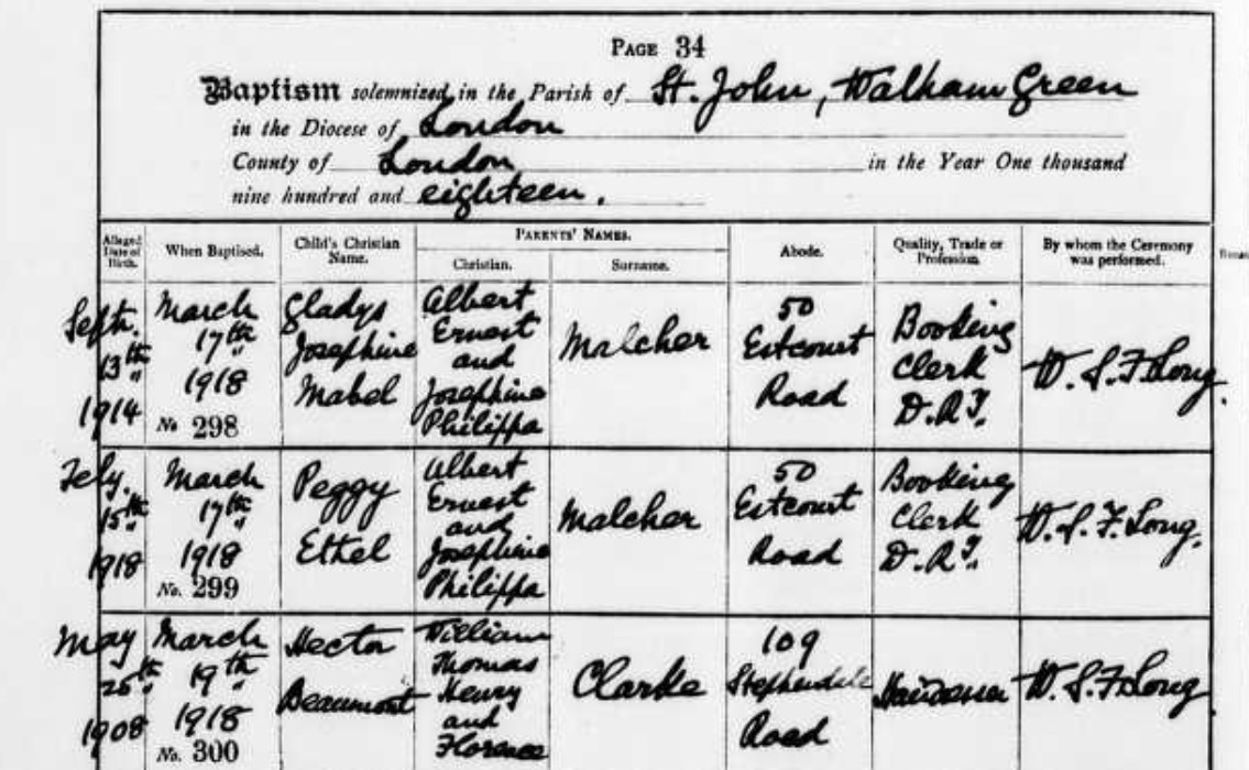 Baptised Peggy Ethel Malcher 17 Mar 1918