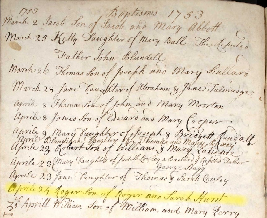 Baptised Roger Hurst 24 April 1753