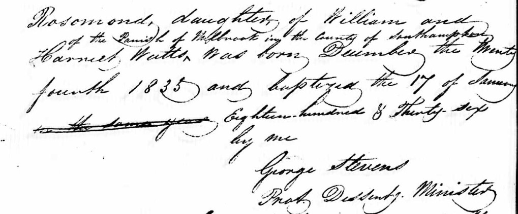 Baptised Rosamond Watts 17 Jan 1836