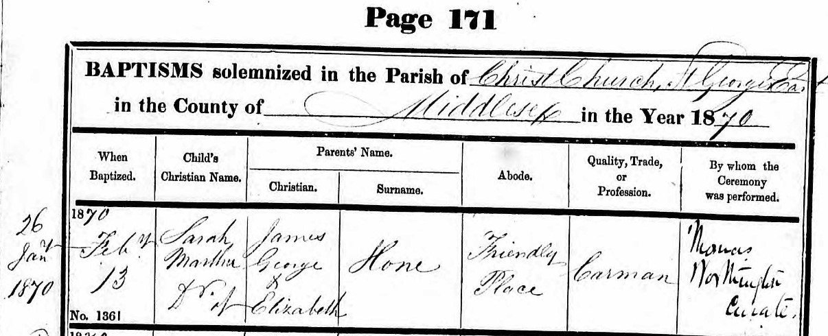 Baptised Sarah Martha Hone 13 Feb 1870