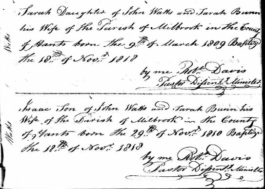 Baptised Sarah and Isaac Watts 18 Nov 1818