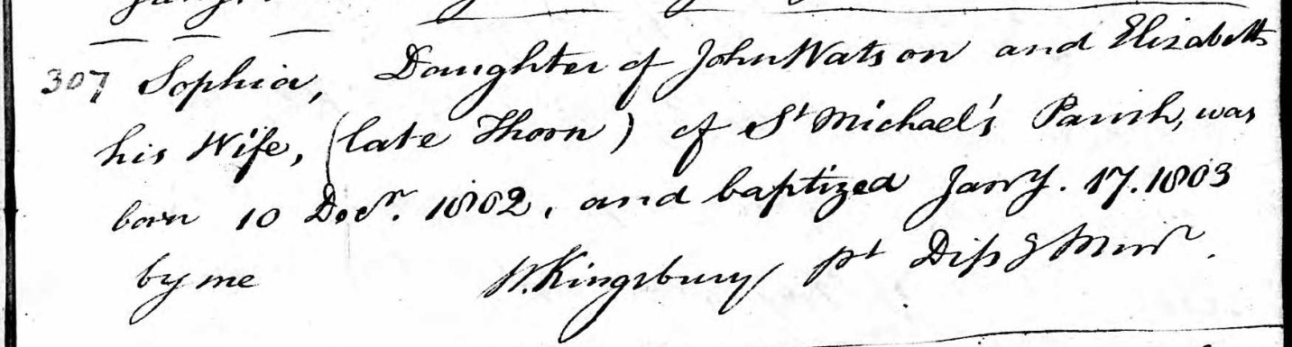 Baptised Sophia Wats 17 Jan 1803
