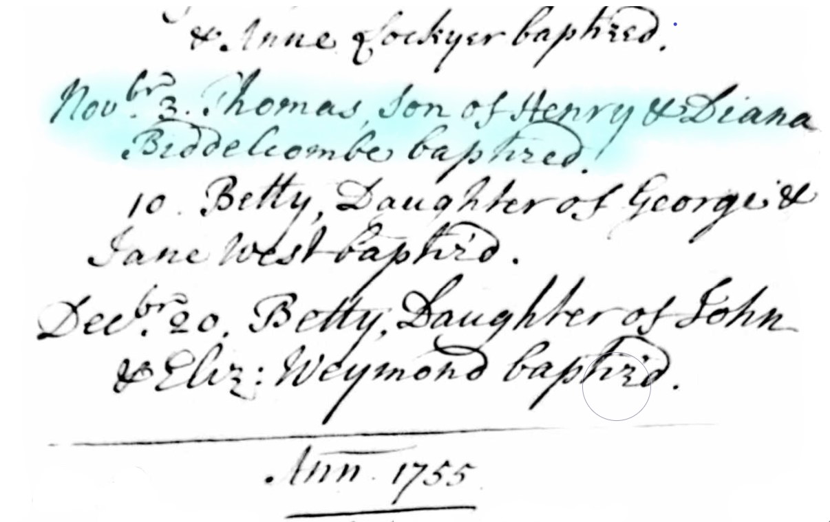 Baptised Thomas Biddelcomb 3 Nov 1755 A